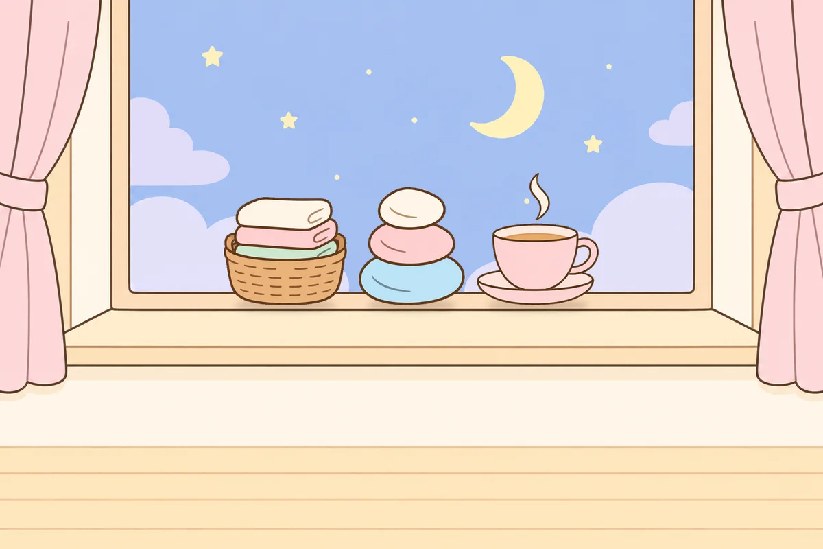노원 여성전용 발 부종 케어 안내 그림, 밤 창가 창턱 위의 수건 바구니, 조약돌, 찻잔