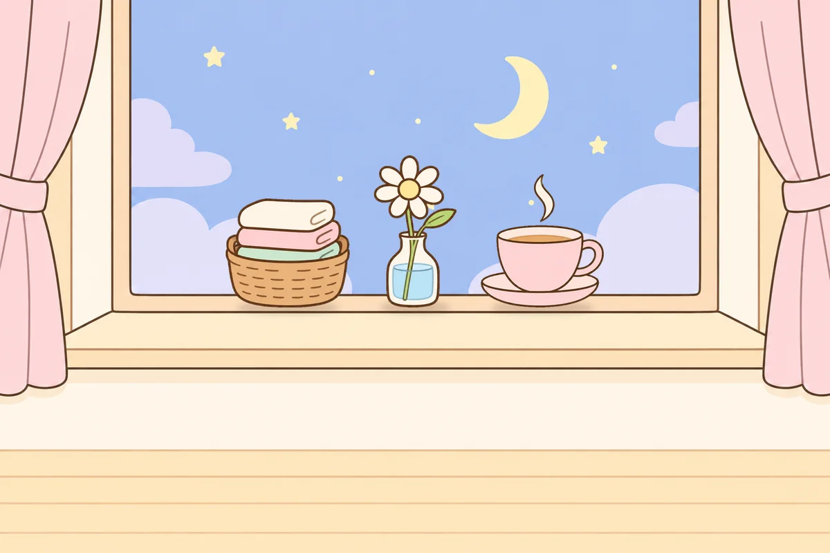 노원 여성전용 슬리밍 마사지 안내 그림, 밤 창가 창턱 위의 수건 바구니, 데이지 꽃병, 찻잔