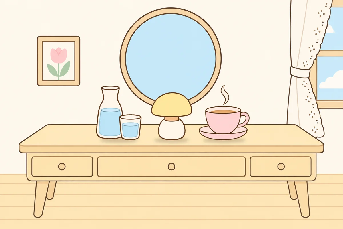 노원 여성전용 디톡스 마사지 안내 그림, 화장대 위의 물병, 무드등, 찻잔