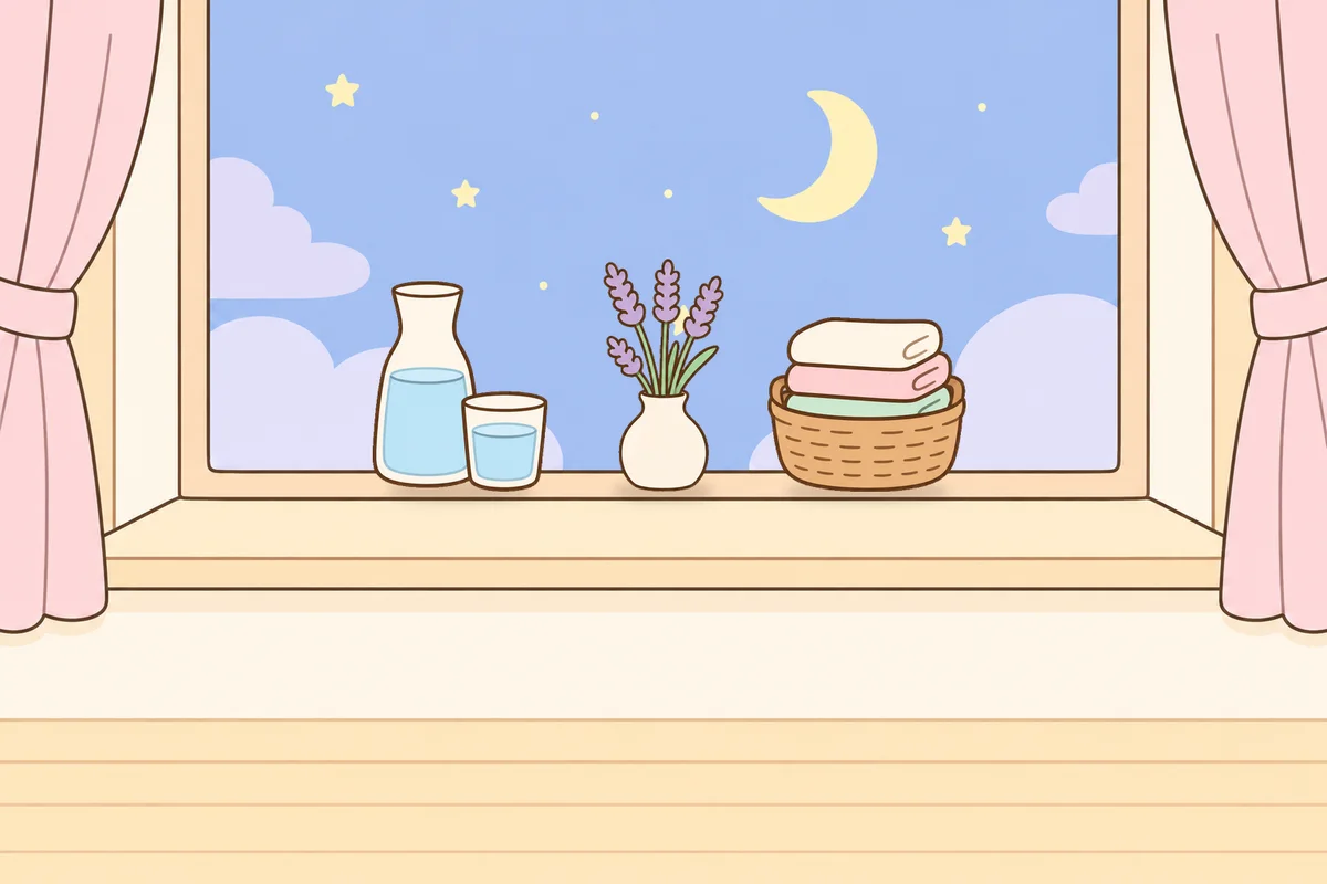 노원 여성전용 복부 마사지 안내 그림, 밤 창가 창턱 위의 물병, 라벤더 꽃병, 수건 바구니