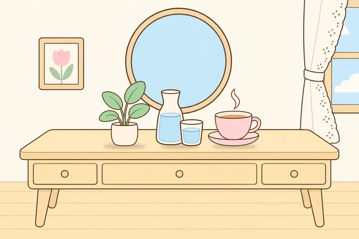 노원 여성전용 종아리 케어 안내 그림, 화장대 위의 화분, 물병, 찻잔