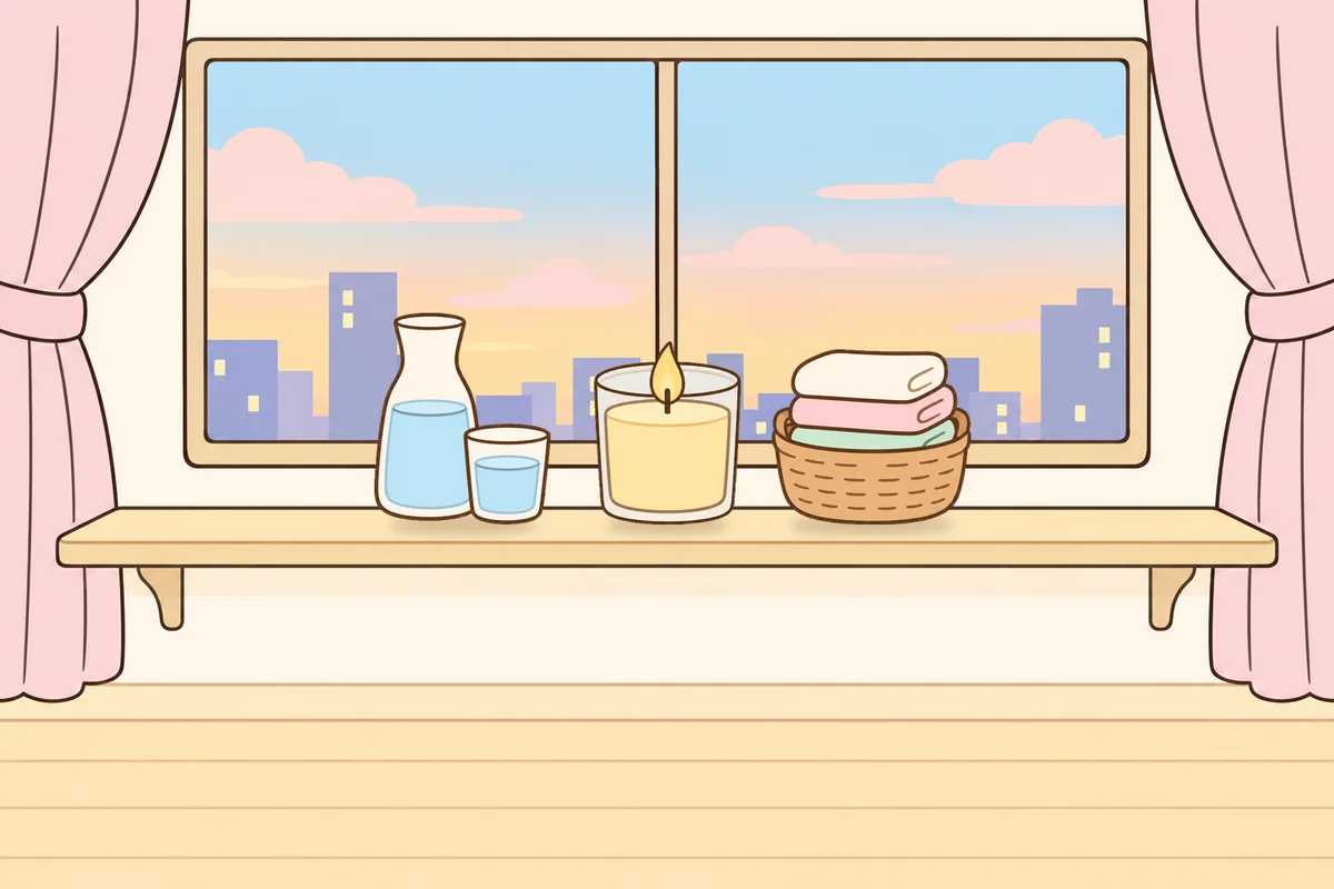 노원 여성전용 어깨 마사지 안내 그림, 호텔 창가 선반 위의 물병, 향초, 수건 바구니