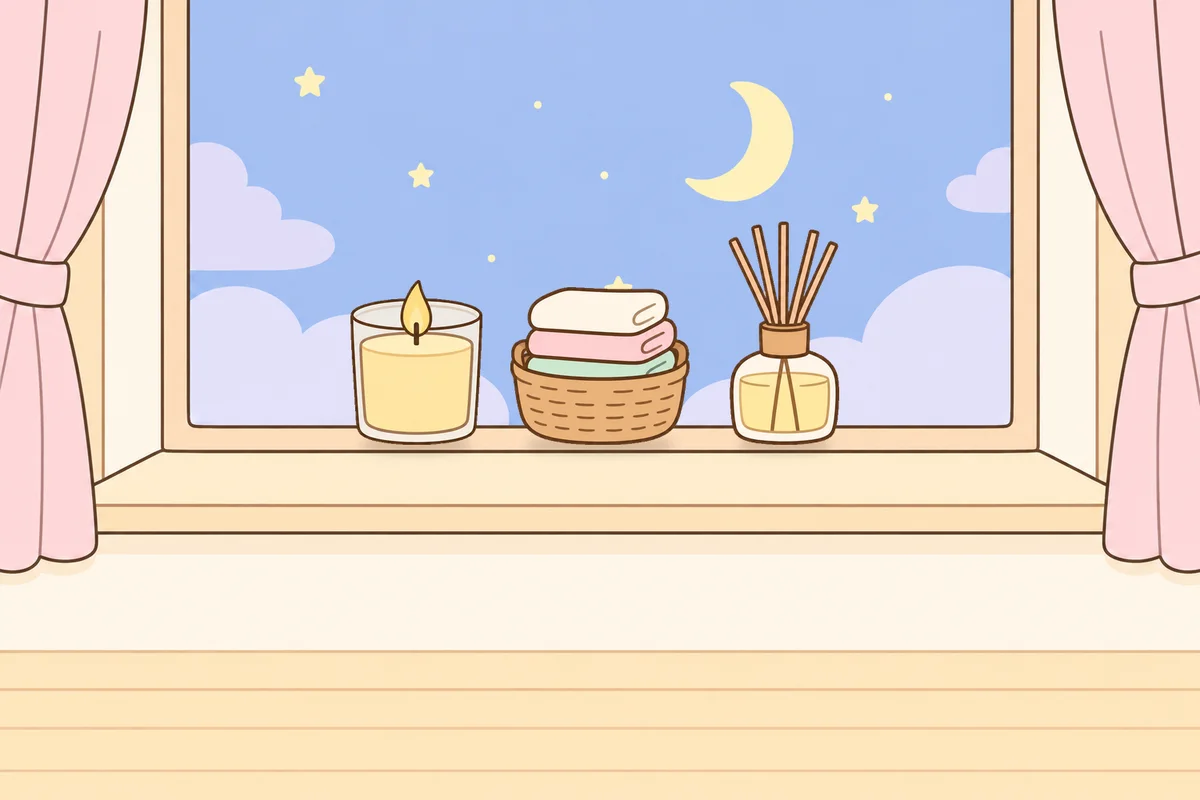 노원 여성전용 두통 완화 마사지 안내 그림, 밤 창가 창턱 위의 향초, 수건 바구니, 디퓨저