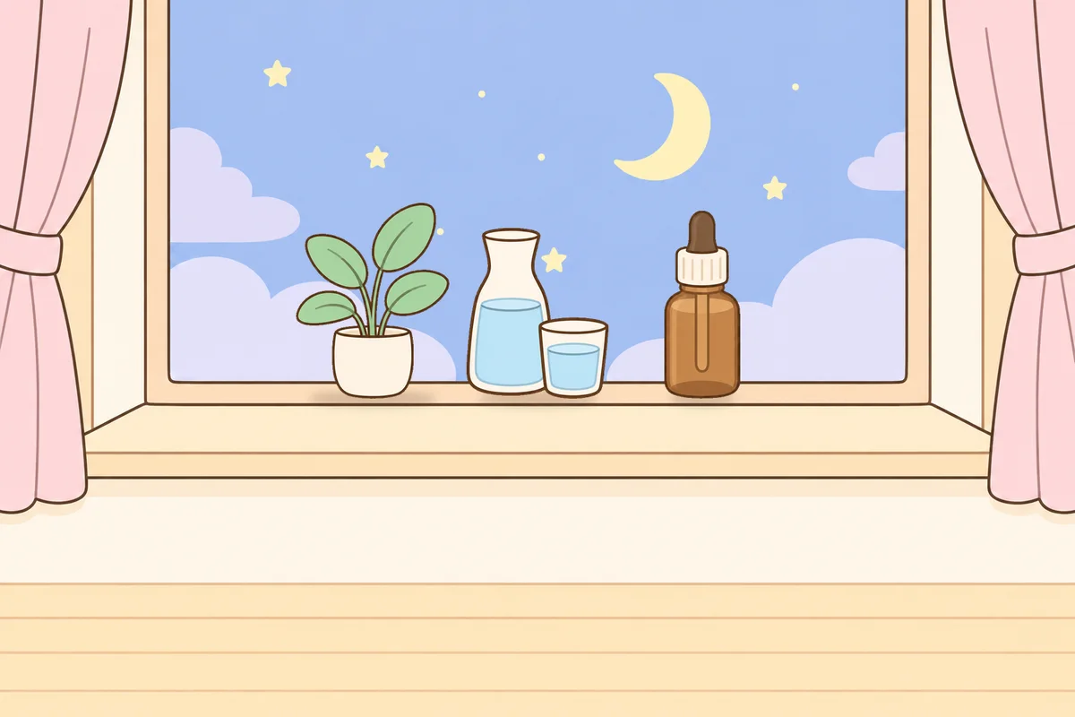 노원 여성전용 수면 케어 안내 그림, 밤 창가 창턱 위의 화분, 물병, 오일병