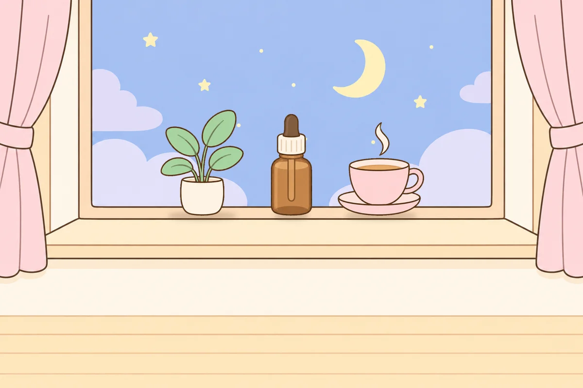 노원 여성전용 피로 회복 마사지 안내 그림, 밤 창가 창턱 위의 화분, 오일병, 찻잔