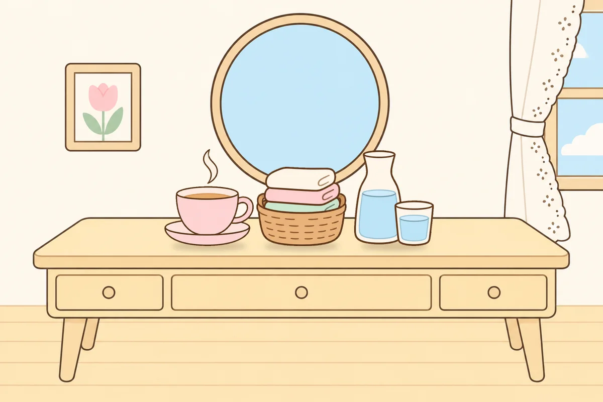 노원 여성전용 얼굴 마사지 안내 그림, 화장대 위의 찻잔, 수건 바구니, 물병