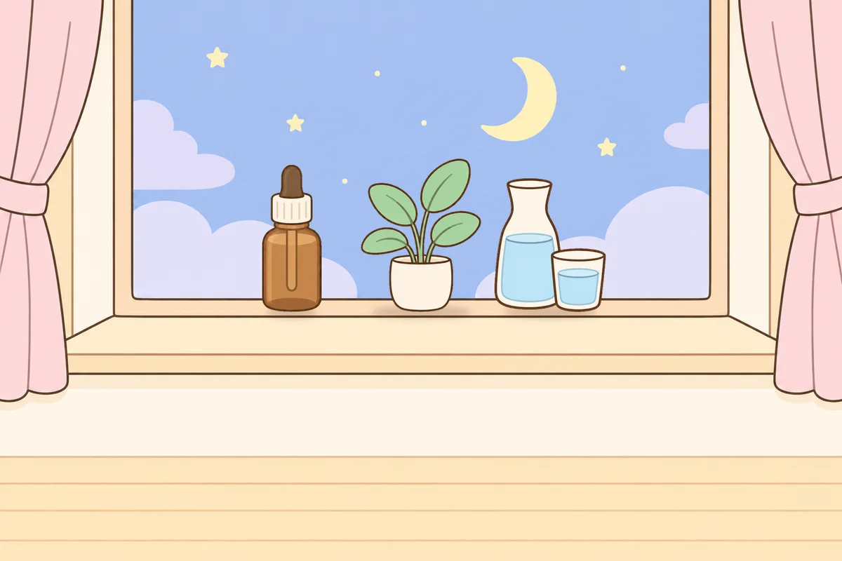 노원 여성전용 림프 페이셜 안내 그림, 밤 창가 창턱 위의 오일병, 화분, 물병