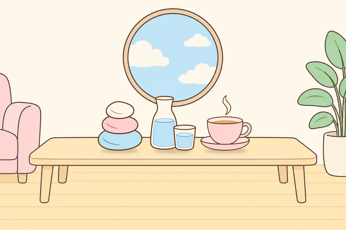 노원 여성전용 피부 관리 안내 그림, 거실 원목 테이블 위의 조약돌, 물병, 찻잔
