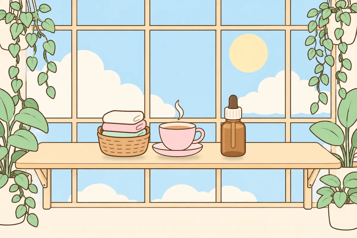 노원 여성전용 마사지 예약 안내 그림, 햇살 드는 창가 선반 위의 수건 바구니, 찻잔, 오일병