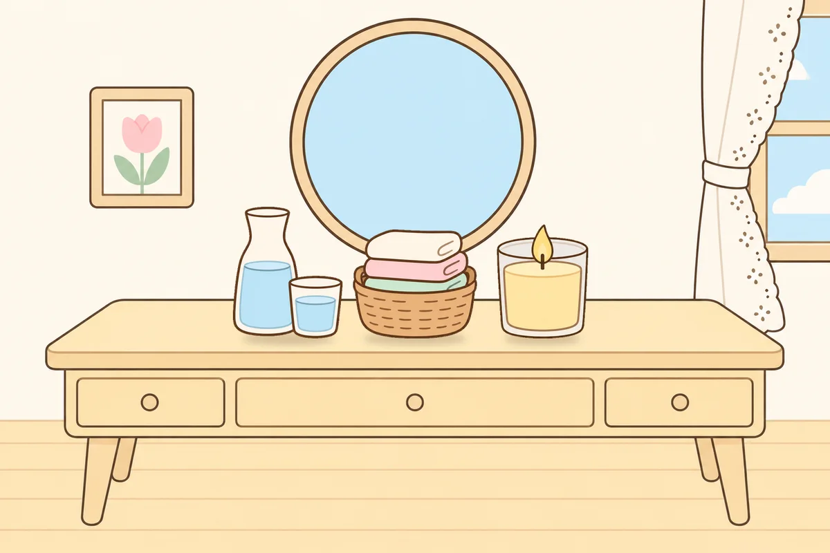 수원 여성전용 아로마 마사지 안내 그림, 화장대 위의 물병, 수건 바구니, 향초