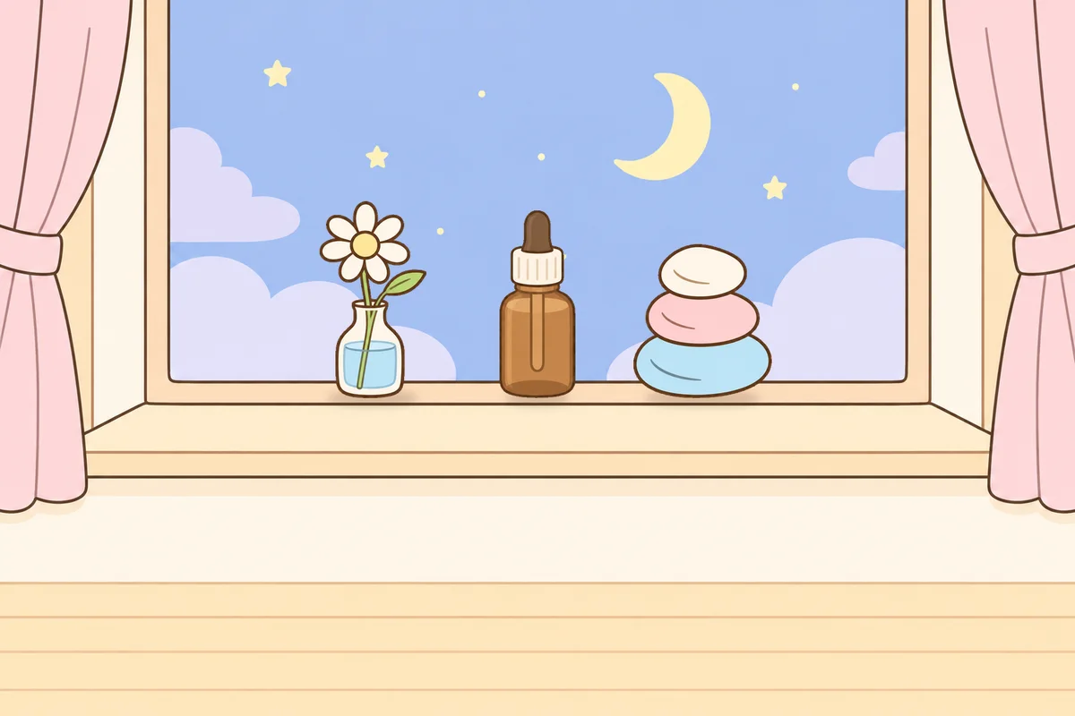 수원 여성전용 아로마 마사지 후기 안내 그림, 밤 창가 창턱 위의 데이지 꽃병, 오일병, 조약돌