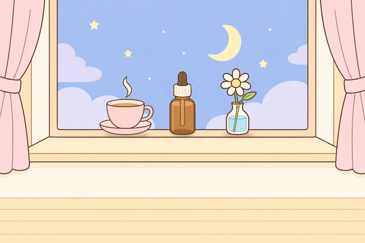 수원 여성전용 홈케어 안내 그림, 밤 창가 창턱 위의 찻잔, 오일병, 데이지 꽃병