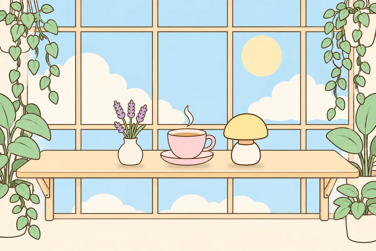 수원 여성전용 홈케어 서비스 안내 그림, 햇살 드는 창가 선반 위의 라벤더 꽃병, 찻잔, 무드등
