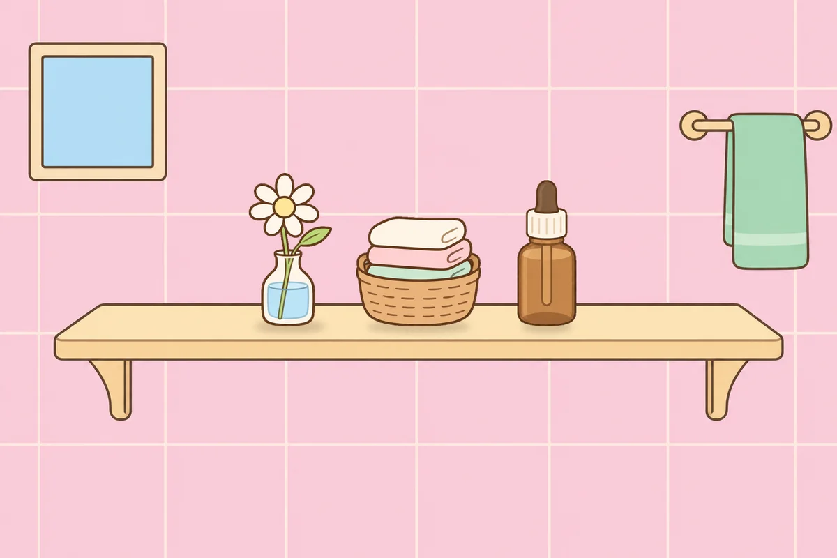 수원 여성전용 발 부종 케어 안내 그림, 파우더룸 선반 위의 데이지 꽃병, 수건 바구니, 오일병