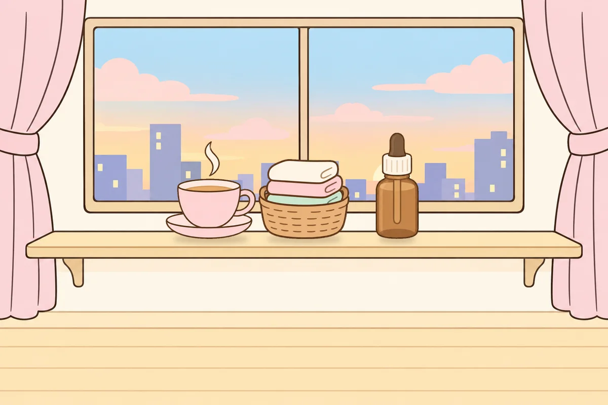수원 여성전용 발관리 추천 안내 그림, 호텔 창가 선반 위의 찻잔, 수건 바구니, 오일병