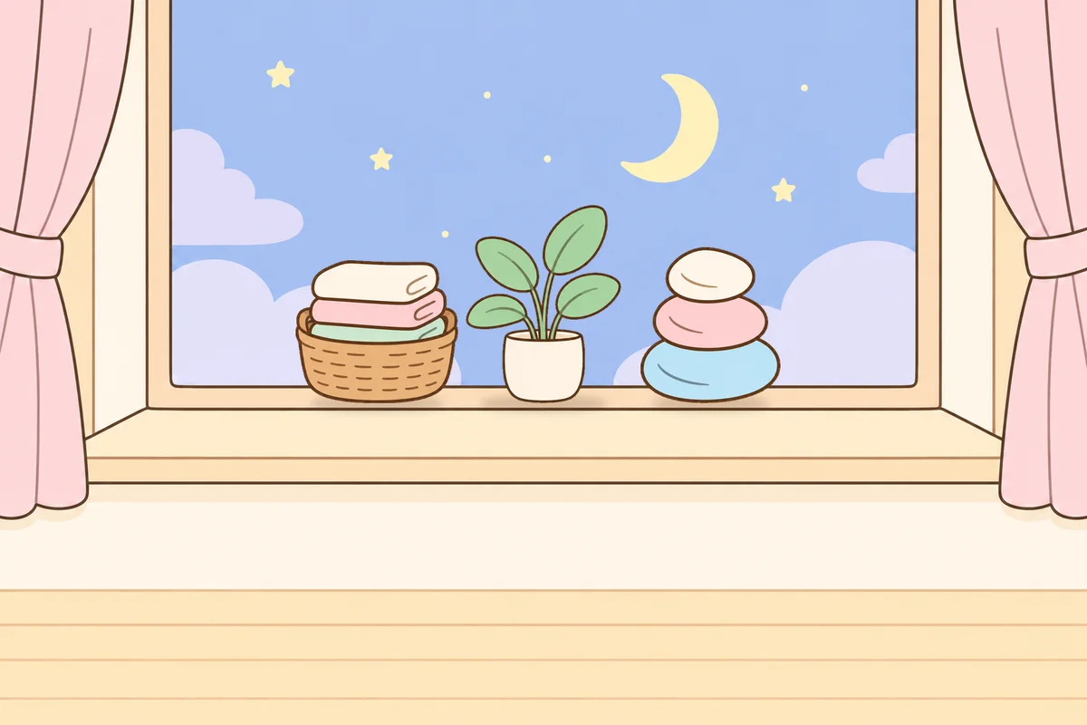 수원 여성전용 디톡스 마사지 안내 그림, 밤 창가 창턱 위의 수건 바구니, 화분, 조약돌