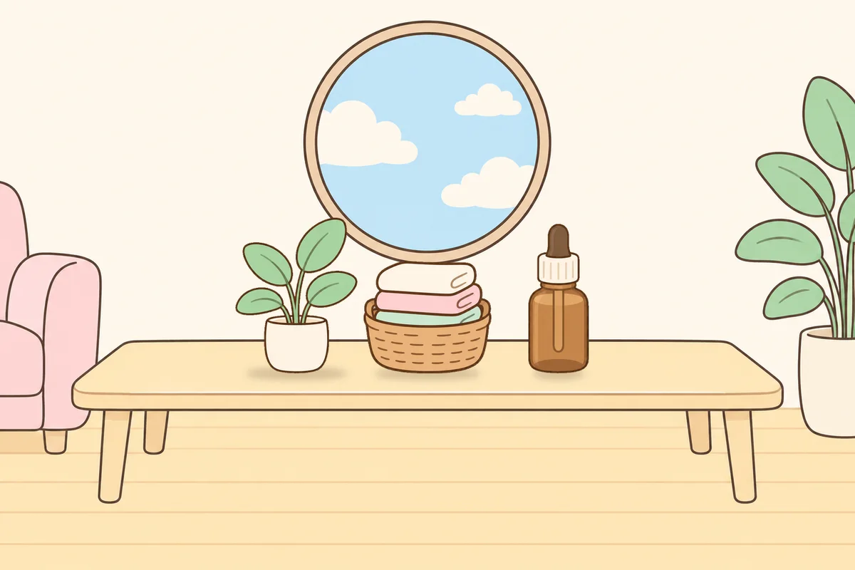 수원 여성전용 복부 마사지 안내 그림, 거실 원목 테이블 위의 화분, 수건 바구니, 오일병