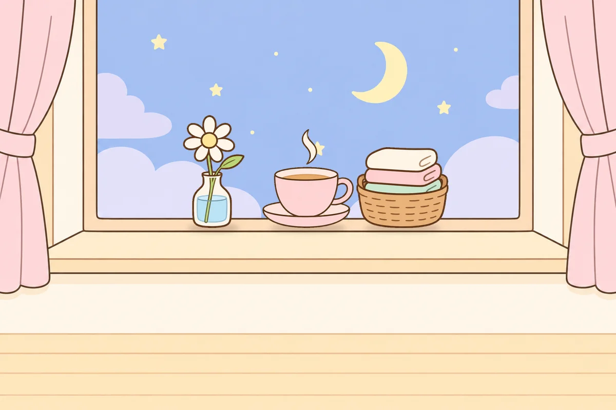 수원 여성전용 얼굴 마사지 안내 그림, 밤 창가 창턱 위의 데이지 꽃병, 찻잔, 수건 바구니