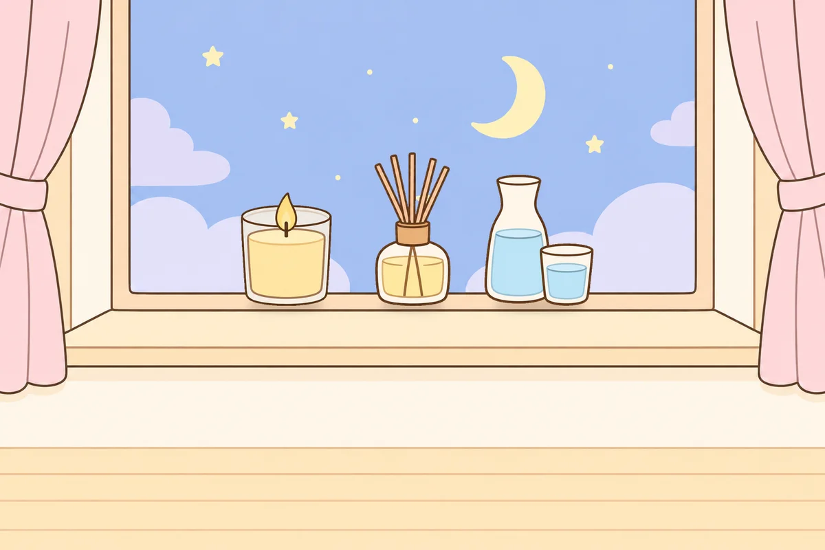 수원 여성전용 안티에이징 케어 안내 그림, 밤 창가 창턱 위의 향초, 디퓨저, 물병