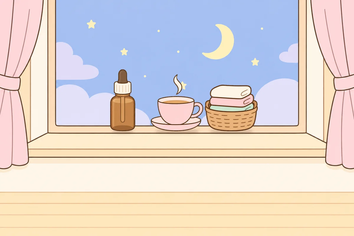 수원 여성전용 브라이덜 케어 안내 그림, 밤 창가 창턱 위의 오일병, 찻잔, 수건 바구니