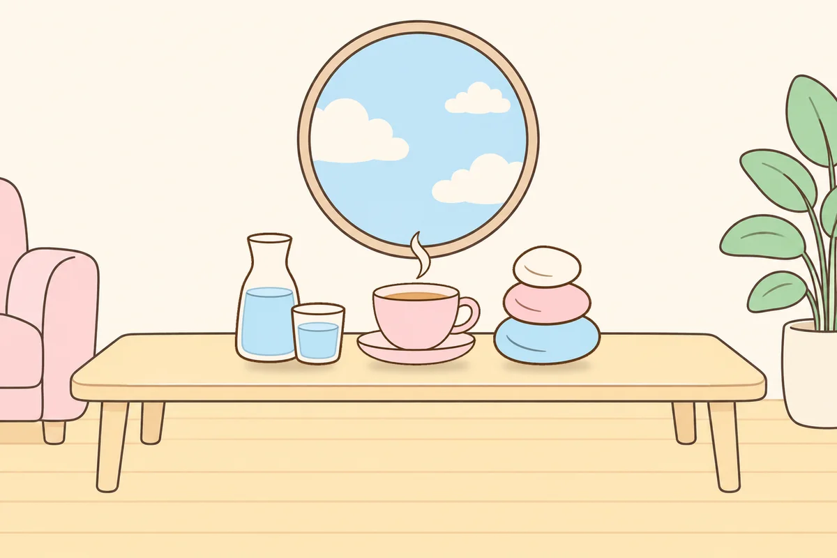 수원 여성전용 피부 관리 안내 그림, 거실 원목 테이블 위의 물병, 찻잔, 조약돌