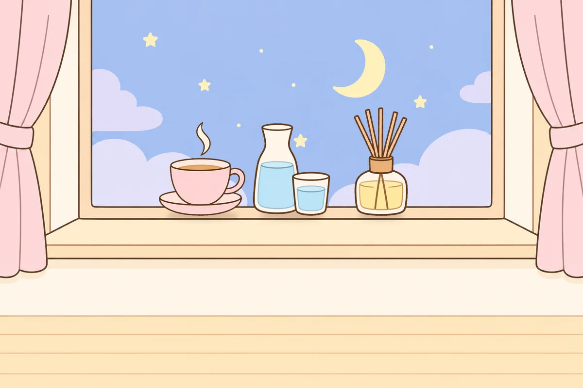 수원 여성전용 출장 마사지 안내 그림, 밤 창가 창턱 위의 찻잔, 물병, 디퓨저