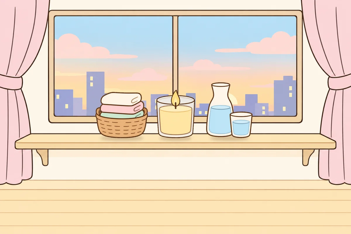 성남 여성전용 아로마 가격 안내 그림, 호텔 창가 선반 위의 수건 바구니, 향초, 물병