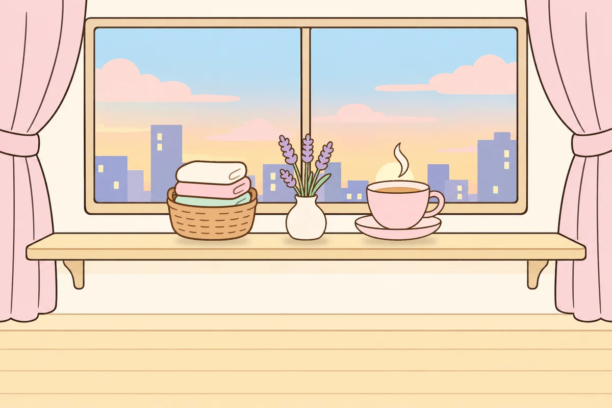 성남 여성전용 아로마 추천 안내 그림, 호텔 창가 선반 위의 수건 바구니, 라벤더 꽃병, 찻잔