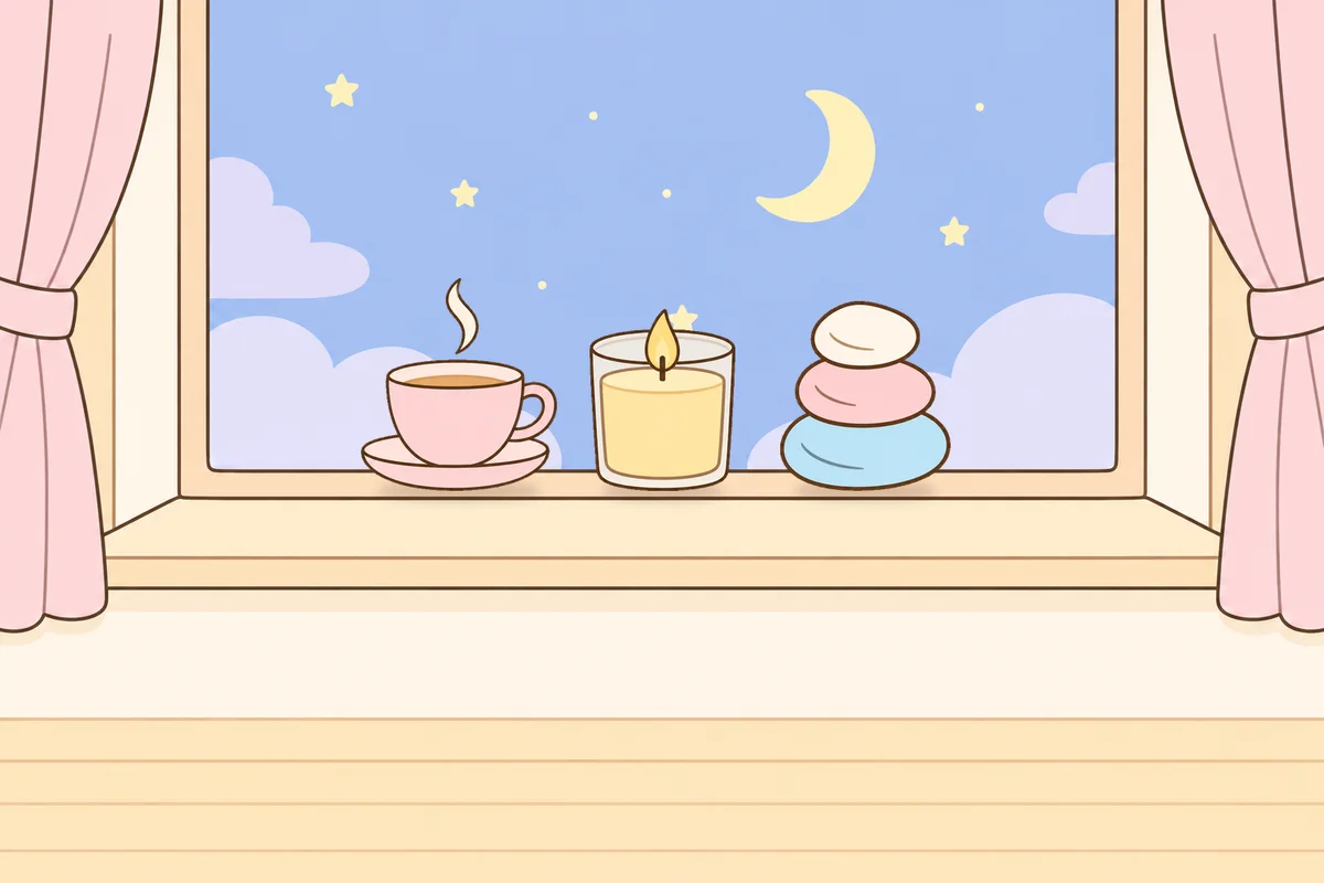 성남 여성전용 경락 마사지 안내 그림, 밤 창가 창턱 위의 찻잔, 향초, 조약돌