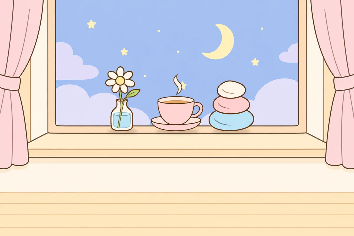 성남 여성전용 바디 경락 안내 그림, 밤 창가 창턱 위의 데이지 꽃병, 찻잔, 조약돌