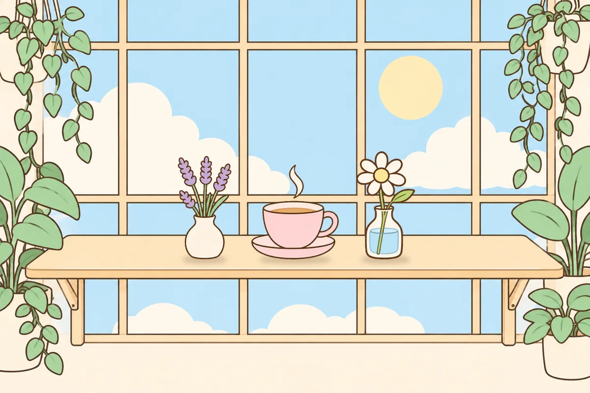 성남 여성전용 홈케어 안내 그림, 햇살 드는 창가 선반 위의 라벤더 꽃병, 찻잔, 데이지 꽃병