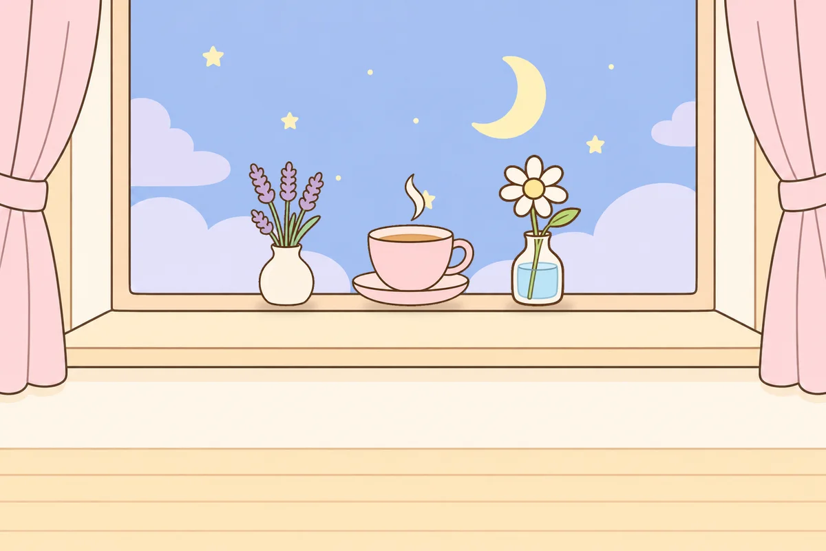 성남 여성전용 방문 마사지 안내 그림, 밤 창가 창턱 위의 라벤더 꽃병, 찻잔, 데이지 꽃병