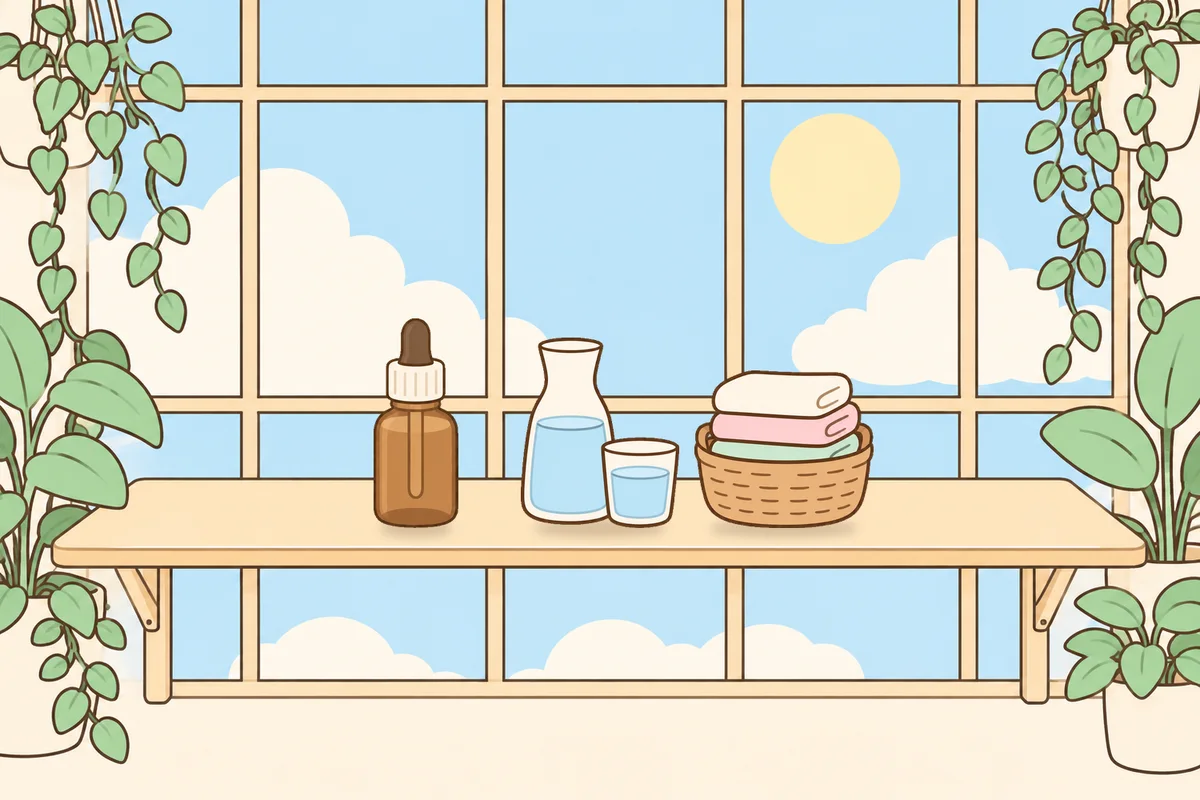 성남 여성전용 두통 완화 마사지 안내 그림, 햇살 드는 창가 선반 위의 오일병, 물병, 수건 바구니