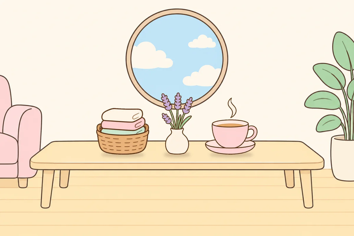 성남 여성전용 마사지샵 안내 그림, 거실 원목 테이블 위의 수건 바구니, 라벤더 꽃병, 찻잔