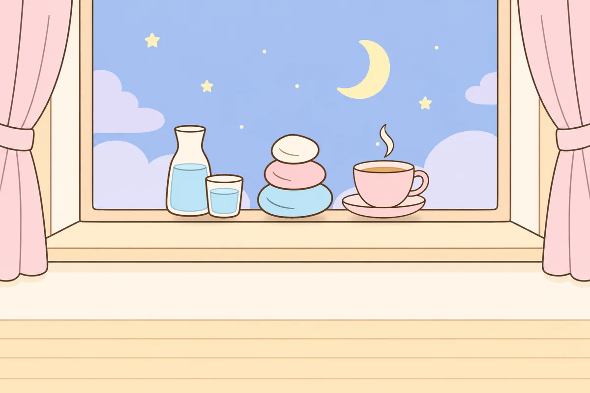 성남 여성전용 마사지 예약 안내 그림, 밤 창가 창턱 위의 물병, 조약돌, 찻잔