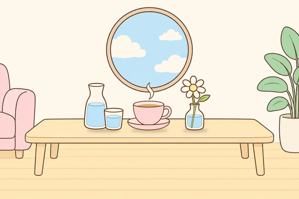 용인 여성전용 수면 케어 안내 그림, 거실 원목 테이블 위의 물병, 찻잔, 데이지 꽃병