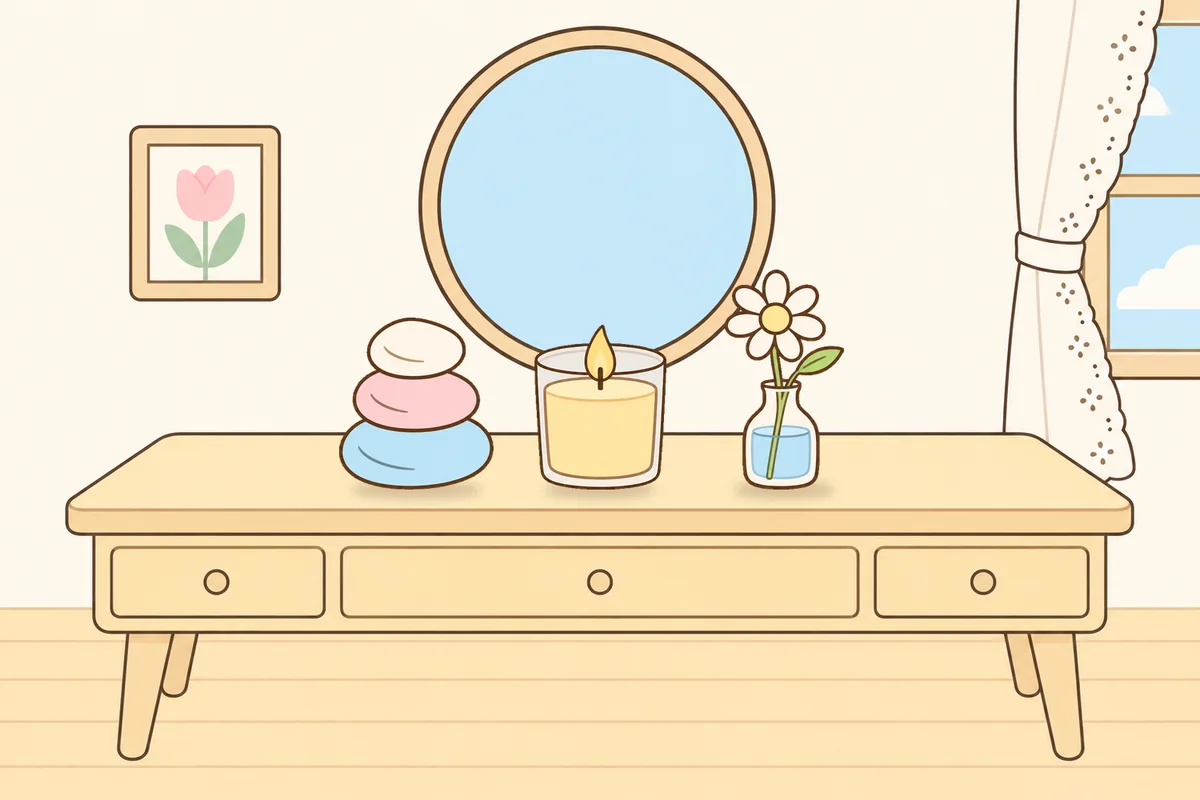 고양 여성전용 아로마 마사지 후기 안내 그림, 화장대 위의 조약돌, 향초, 데이지 꽃병