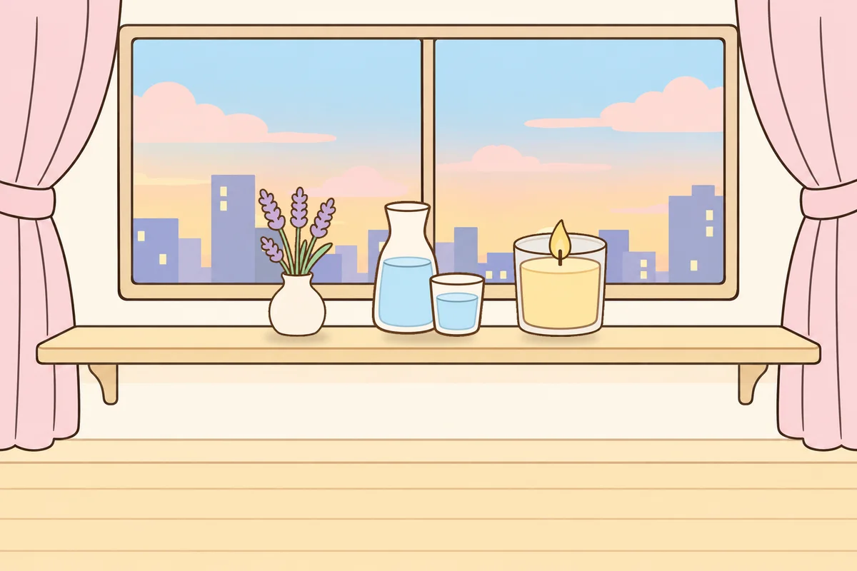 고양 여성전용 아로마 가격 안내 그림, 호텔 창가 선반 위의 라벤더 꽃병, 물병, 향초