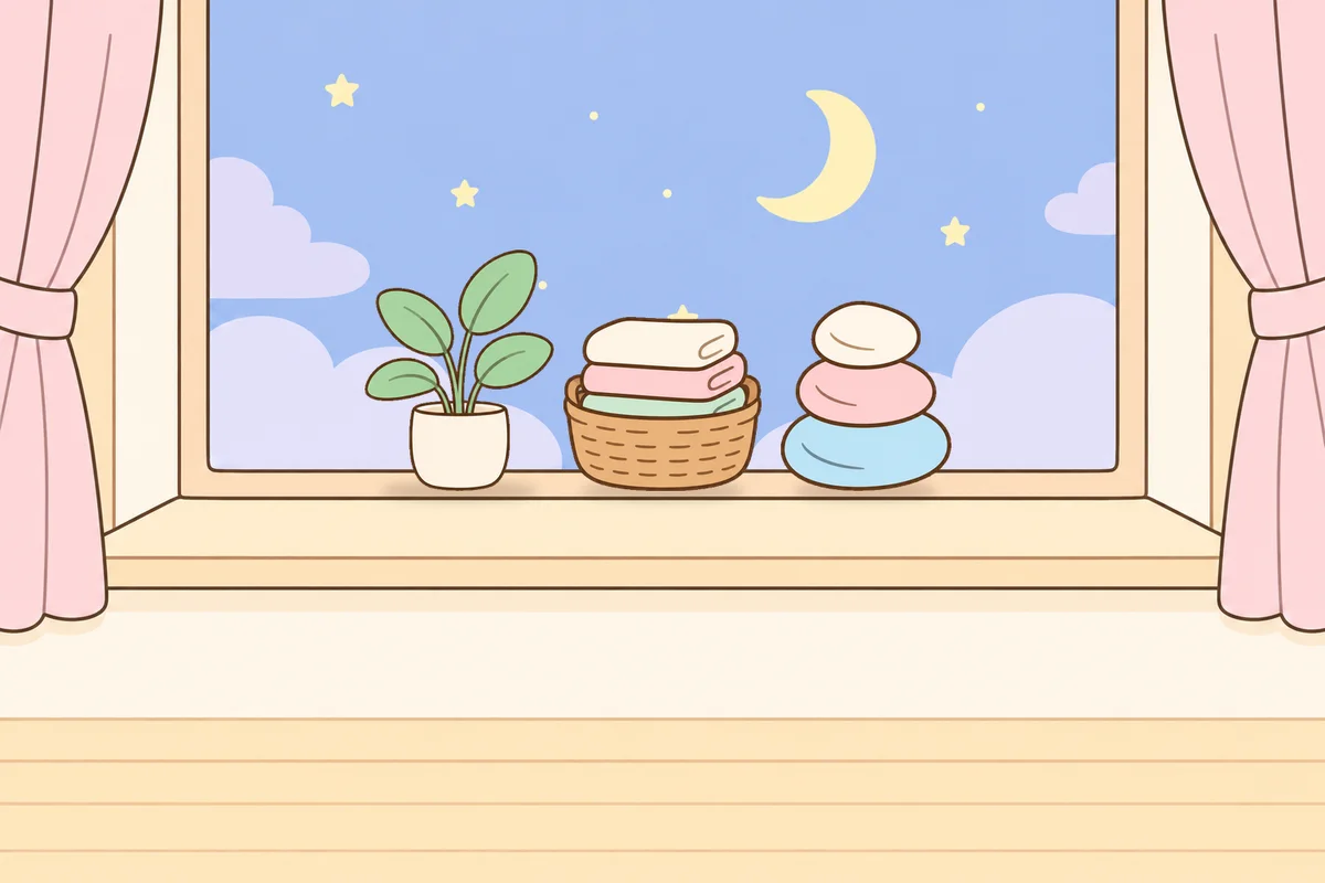 고양 여성전용 아로마 추천 안내 그림, 밤 창가 창턱 위의 화분, 수건 바구니, 조약돌
