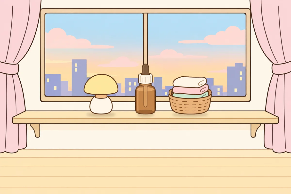 고양 여성전용 경락마사지 안내 그림, 호텔 창가 선반 위의 무드등, 오일병, 수건 바구니