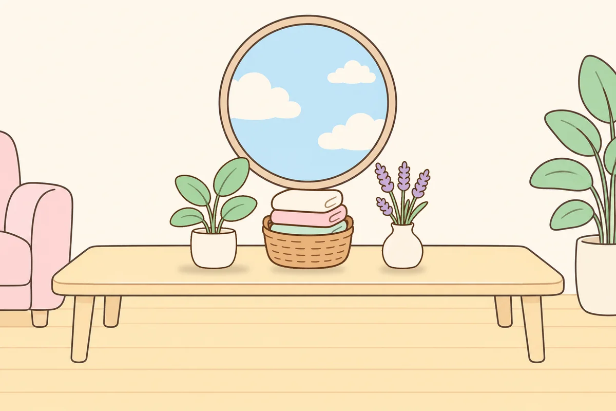 고양 여성전용 경락 추천 안내 그림, 거실 원목 테이블 위의 화분, 수건 바구니, 라벤더 꽃병