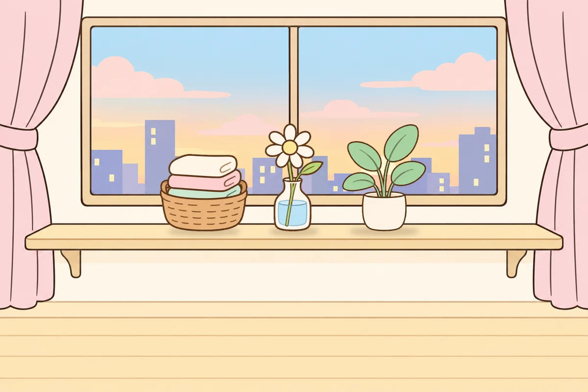 고양 여성전용 홈케어 안내 그림, 호텔 창가 선반 위의 수건 바구니, 데이지 꽃병, 화분