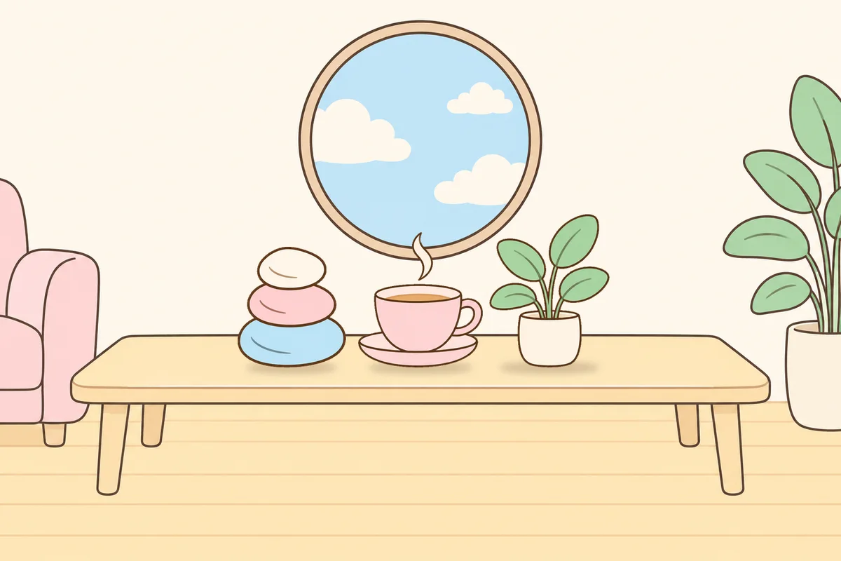 고양 여성전용 방문 마사지 안내 그림, 거실 원목 테이블 위의 조약돌, 찻잔, 화분
