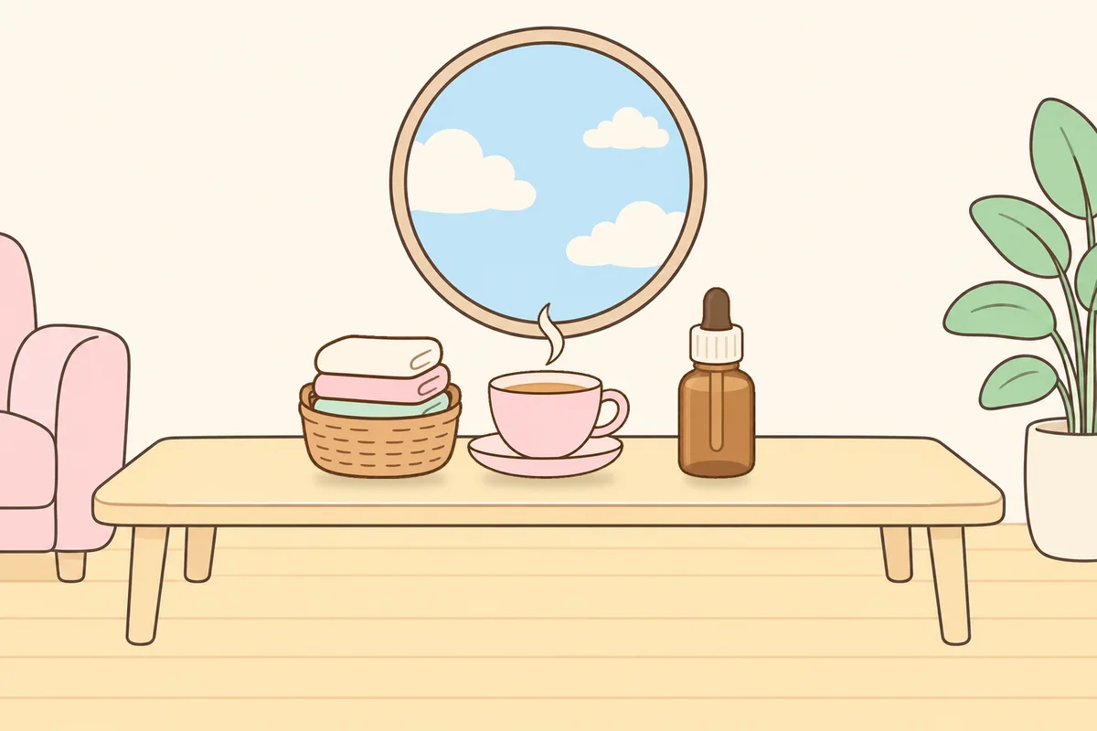 고양 여성전용 방문 홈케어 안내 그림, 거실 원목 테이블 위의 수건 바구니, 찻잔, 오일병