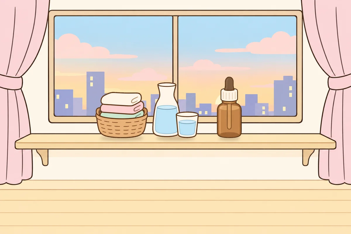 고양 여성전용 홈케어 후기 안내 그림, 호텔 창가 선반 위의 수건 바구니, 물병, 오일병
