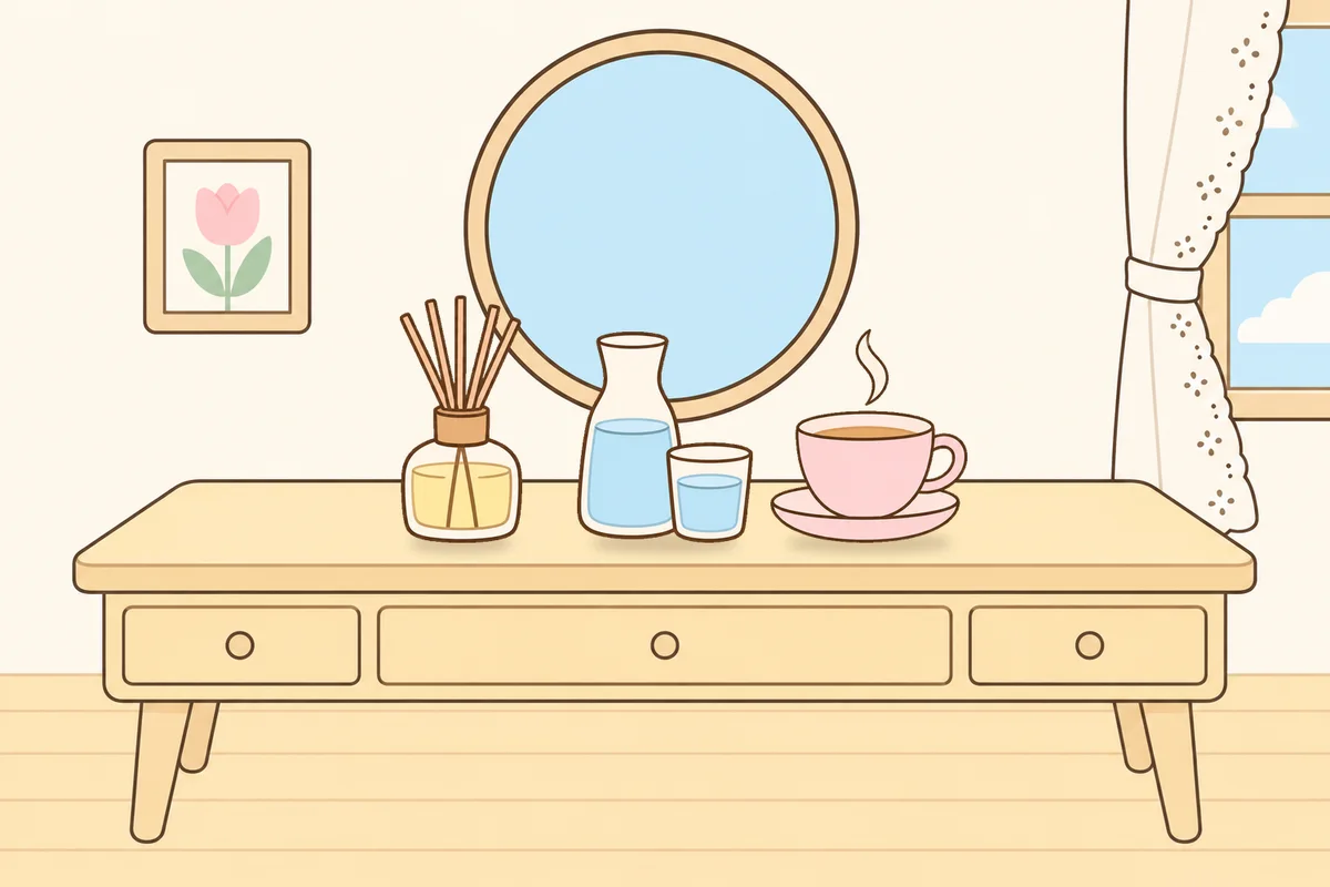고양 여성전용 홈케어 추천 안내 그림, 화장대 위의 디퓨저, 물병, 찻잔