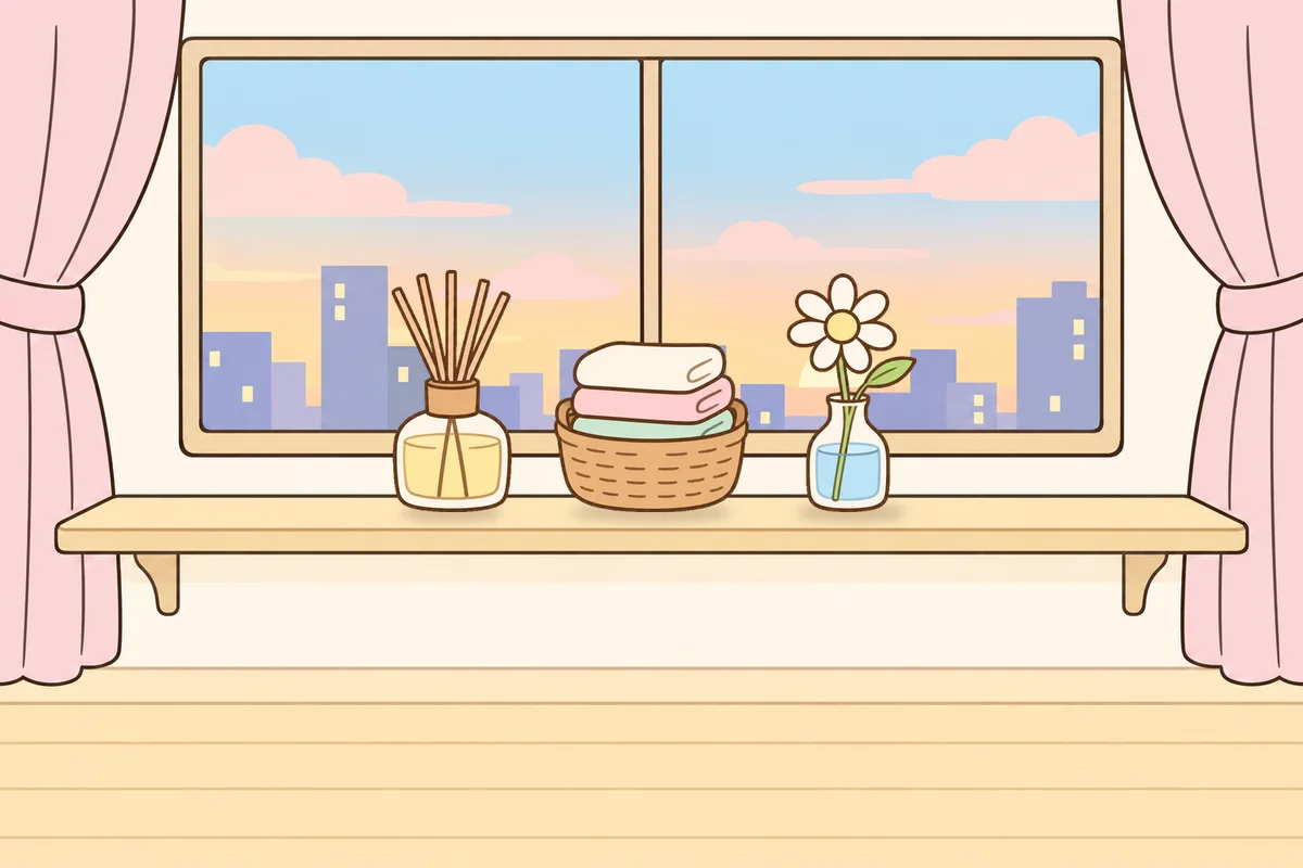 고양 여성전용 발 부종 케어 안내 그림, 호텔 창가 선반 위의 디퓨저, 수건 바구니, 데이지 꽃병