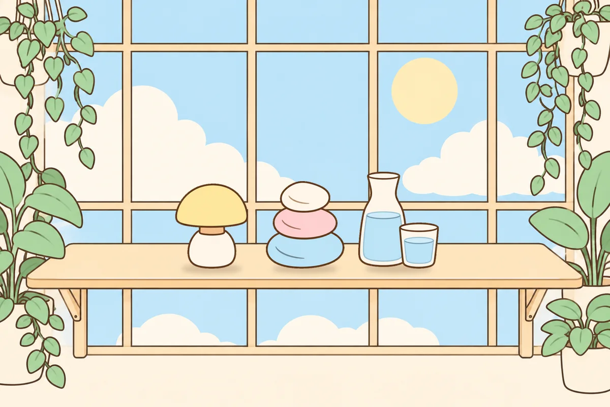 고양 여성전용 발관리 후기 안내 그림, 햇살 드는 창가 선반 위의 무드등, 조약돌, 물병