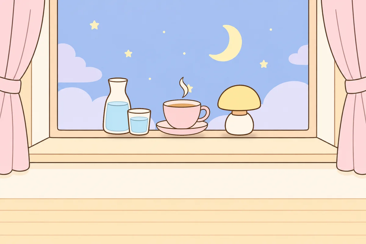 고양 여성전용 셀룰라이트 관리 안내 그림, 밤 창가 창턱 위의 물병, 찻잔, 무드등
