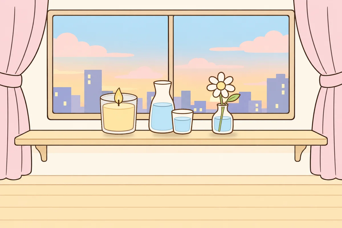 고양 여성전용 바디 케어 안내 그림, 호텔 창가 선반 위의 향초, 물병, 데이지 꽃병